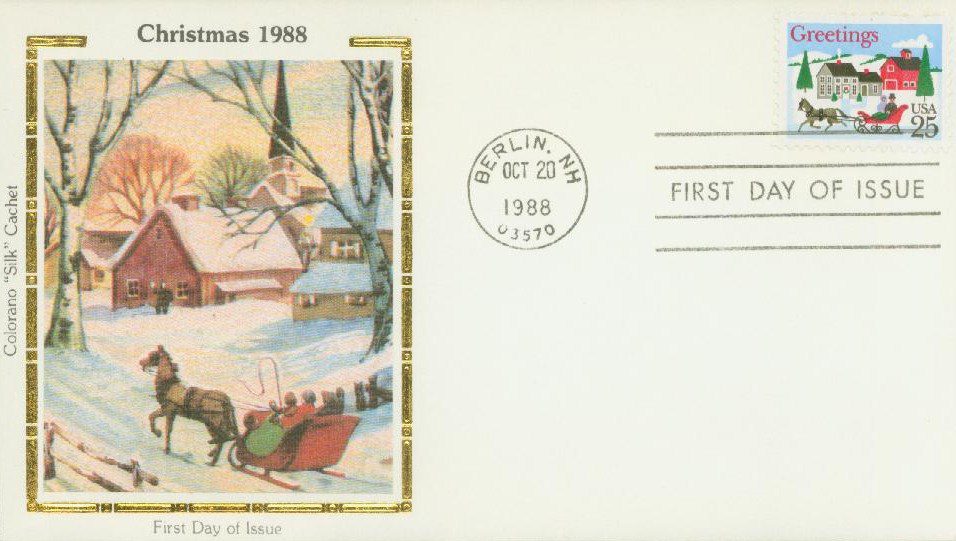 1988 25¢ Sleigh and Village Scene Colorano Silk Cachet First Day Cover