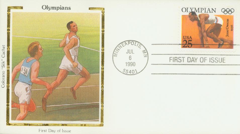 1990 25¢ Olympians: Jesse Owens Colorano Silk Cachet First Day Cover