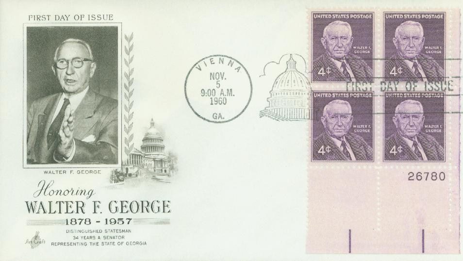 # 1170 - 1960 4c Senator Walter F. George Plate Block First Day Cover