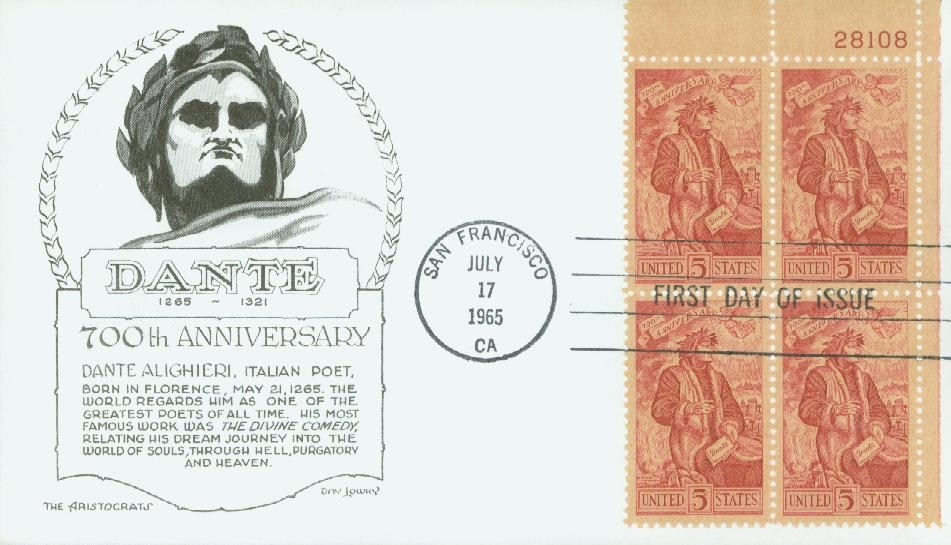 1965 5¢ Dante Alighieri Plate Block First Day Cover
