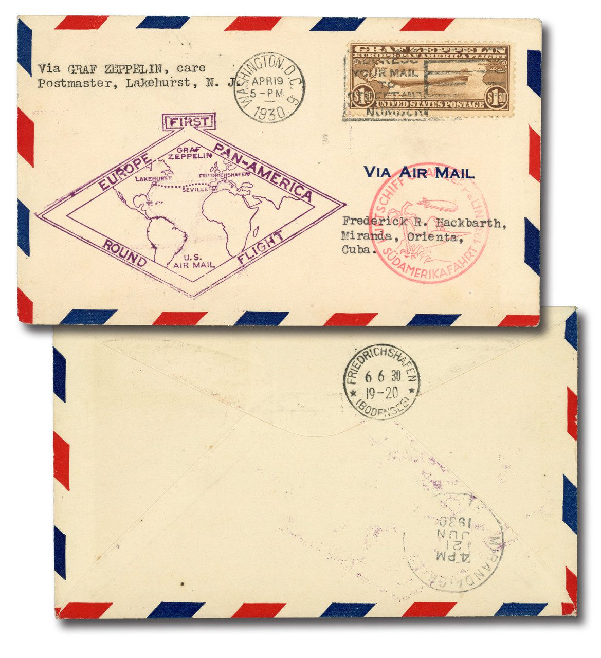  1930 $1.30 Graf Zeppelin brown First Day with Cover Rubber Stamp Cachet