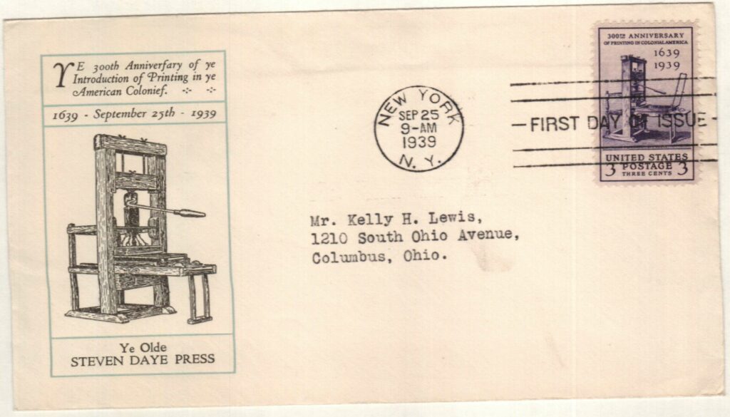 1939 3¢ Printing Tercentenary Classic First Day Cover