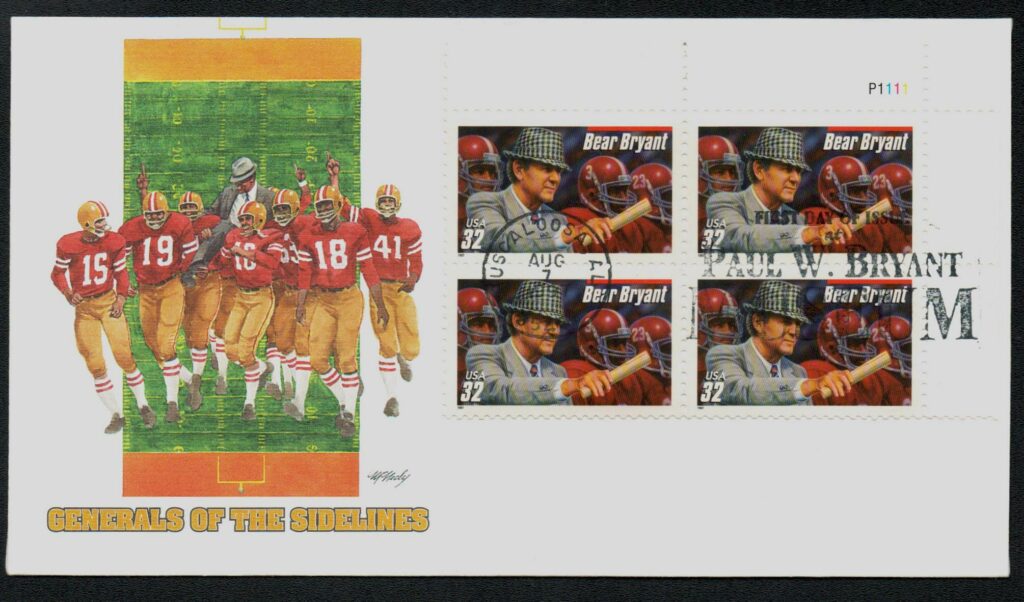 1997 32¢ Bear Bryant, red bar Fleetwood Plate Block First Day Cover