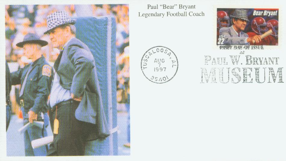 1997 32¢ Bear Bryant, red bar Mystic First Day Cover