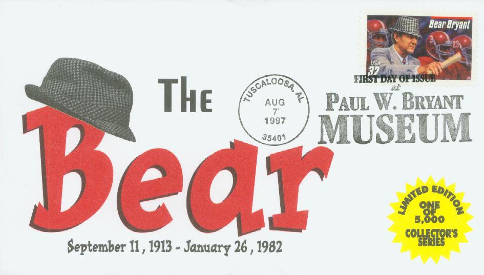 1997 32¢ Bear Bryant, red bar Classic First Day Cover