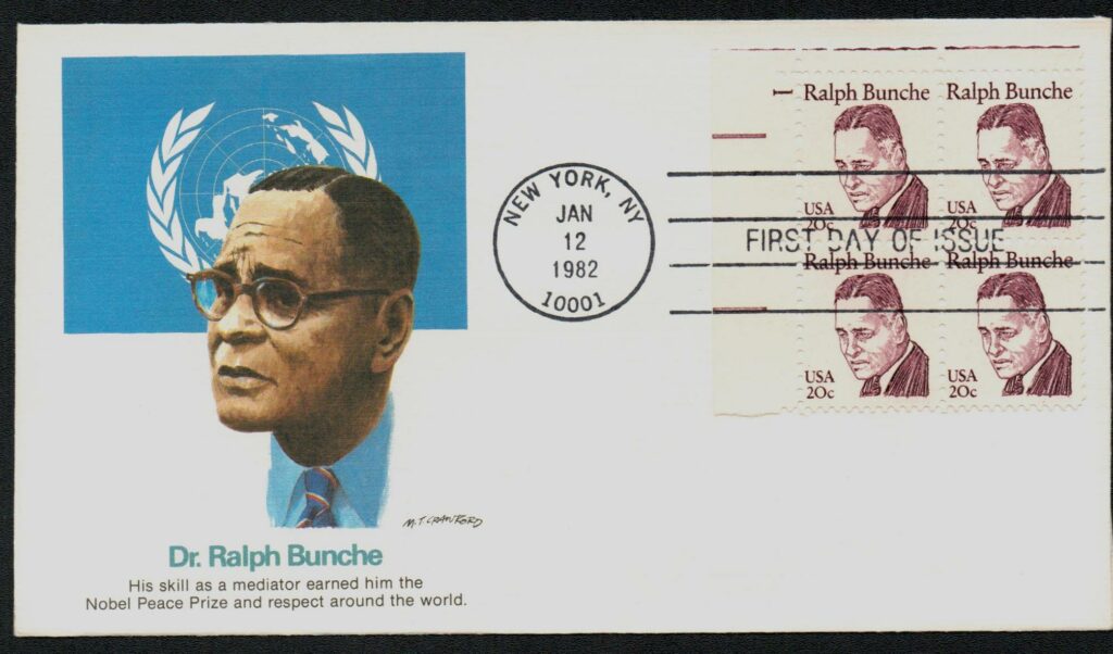 1982 20¢ Ralph Bunche Fleetwood Plate Block First Day Cover