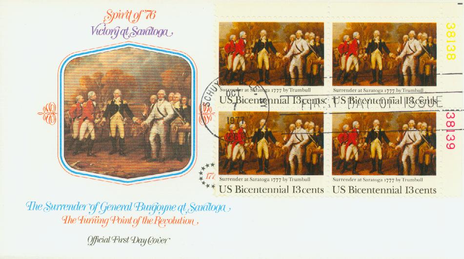 1977 13¢ Surrender at Saratoga Fleetwood Plate Block First Day Cover