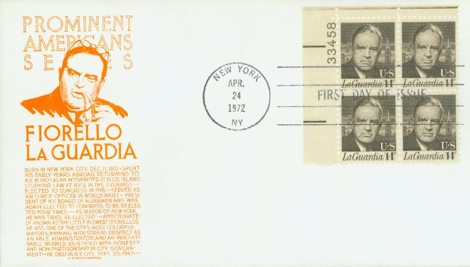 1972 14¢ Fiorello H. LaGuardia Plate Block First Day Cover