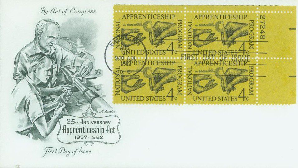 1962 4¢ National Apprenticeship Act Plate Block First Day Cover