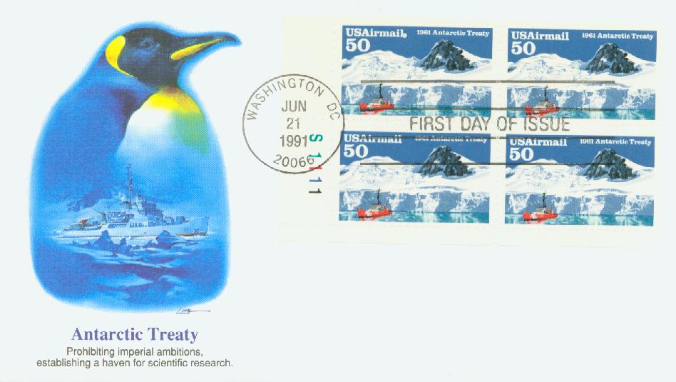 1991 50¢ Antarctic Treaty Fleetwood Plate Block First Day Cover