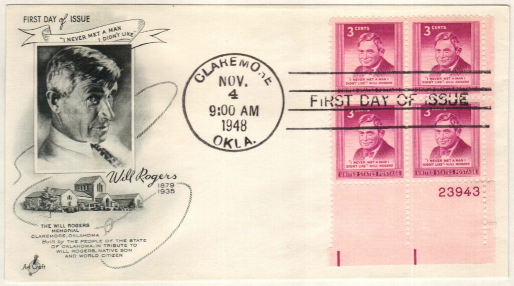 # 975 - 1948 3c Will Rogers Plate Block First Day Cover