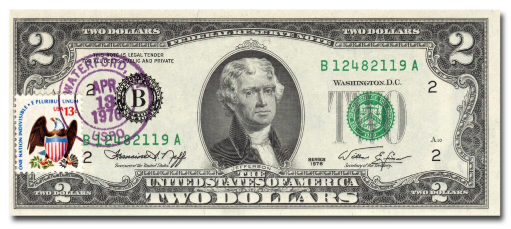 # MA1905 - $2 Federal Reserve Note with Stamp Affixed and Postally Cancelled April 13, 1976