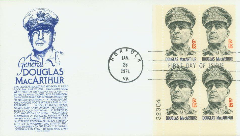 1971 6¢ General Douglas MacArthur Plate Block First Day Cover