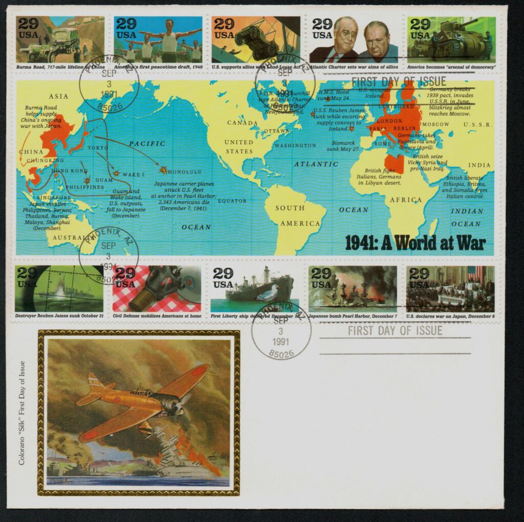 1991 29¢ World War II: A World at War Colorano Silk Cachet First Day Cover