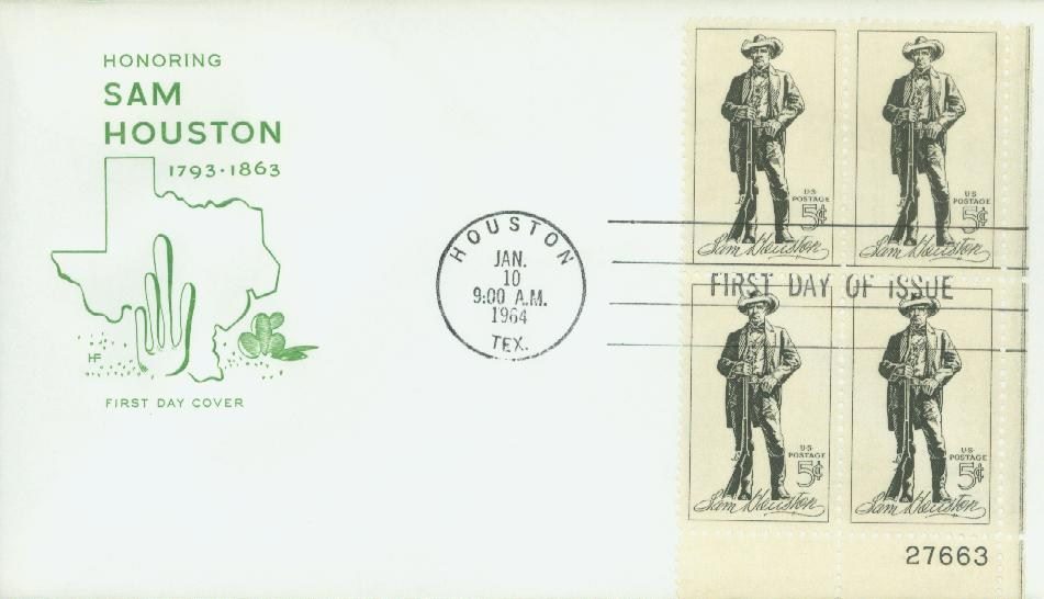 1964 5c Sam Houston Plate Block First Day Cover