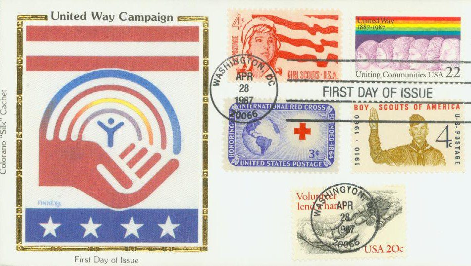 # 2275 - 1987 22c United Way Colorano Silk Cachet First Day Cover 