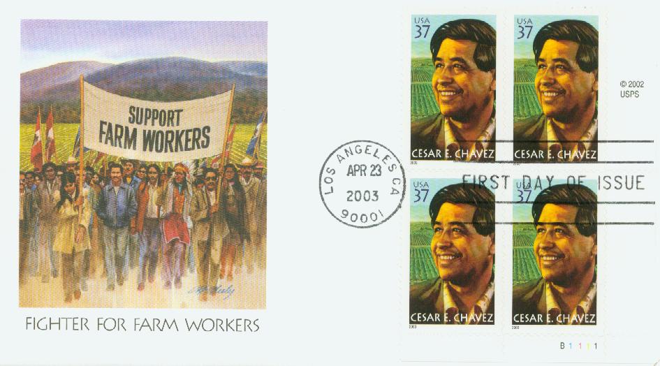 2003 37¢ Cesar E. Chavez Fleetwood Plate Block First Day Cover