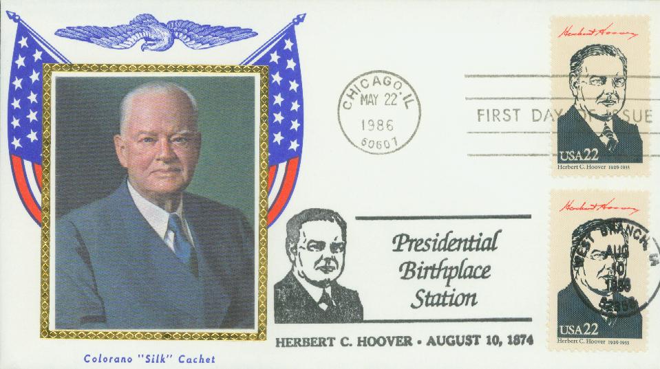 # 2219c - 1986 22c Pres. Hoover Colorano Silk Cachet First Day Cover