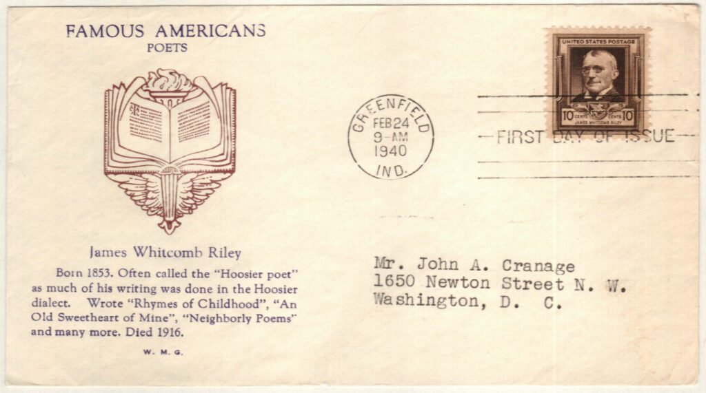 # 868 - 1940 10c James Whitcomb Riley Classic First Day Cover
