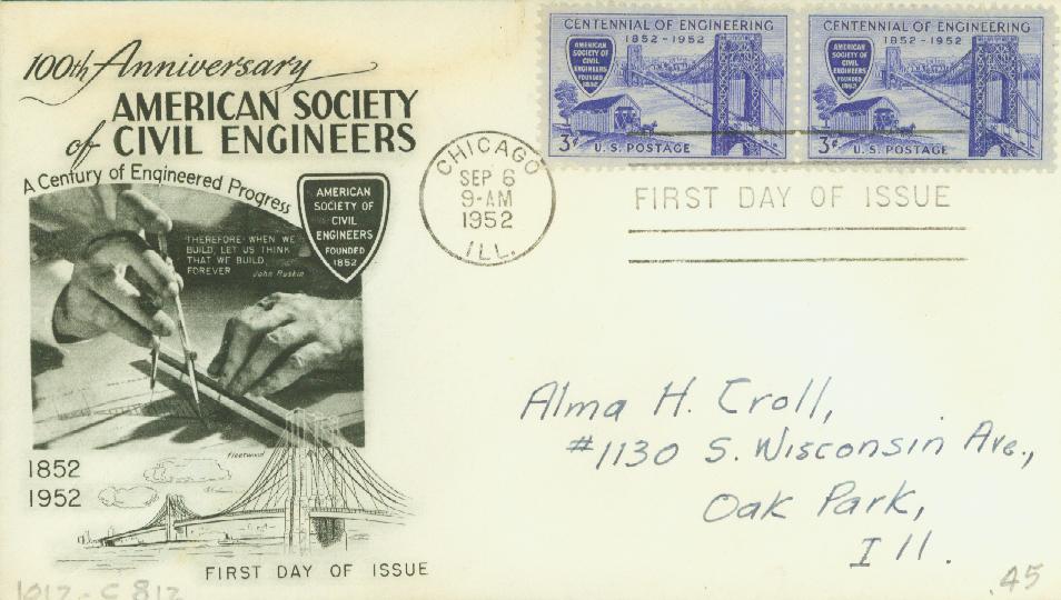 1012 - 1952 3¢ Engineering Centennial Fleetwood First Day Cover