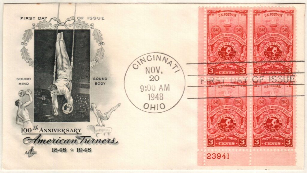 # 979 - 1948 3c American Turners Society 100th Anniversary Plate Block First Day Cover