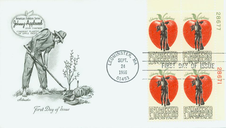 1966 5¢ Johnny Appleseed Plate Block First Day Cover