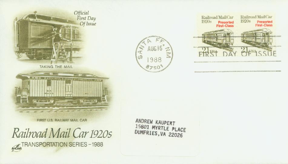 1988 21¢ Railroad Mail Car, 1920s Classic First Day Cover