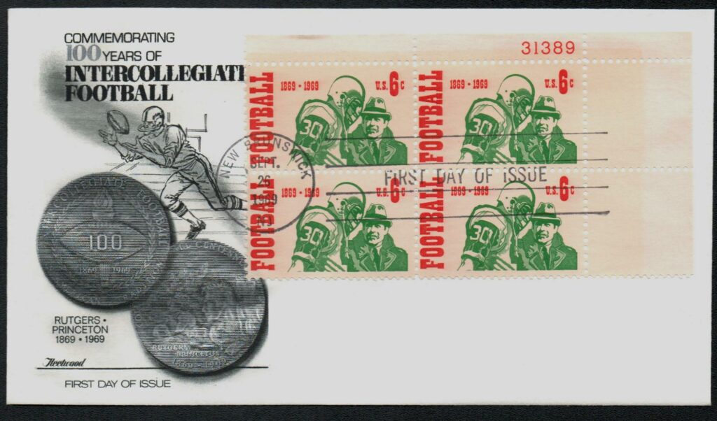 # 1382 - 1969 6c Intercollegiate Football Fleetwood Plate Block First Day Cover