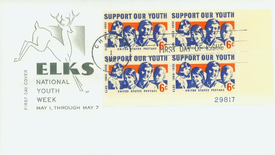 1968 6¢ Support Our Youth, Order of Elks Plate Block First Day Cover