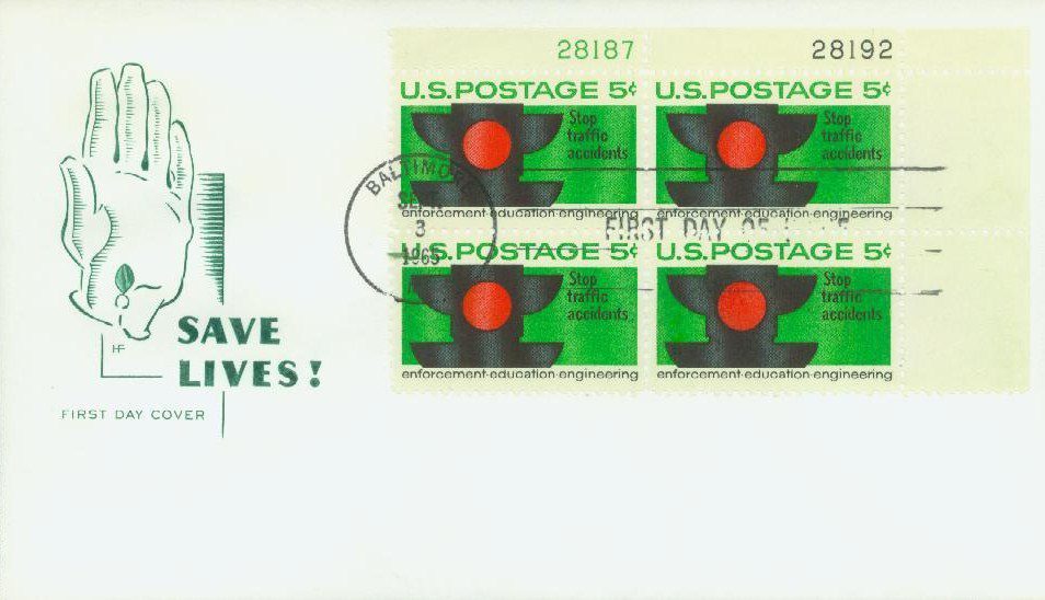 1965 5¢ Traffic Safety Plate Block First Day Cover