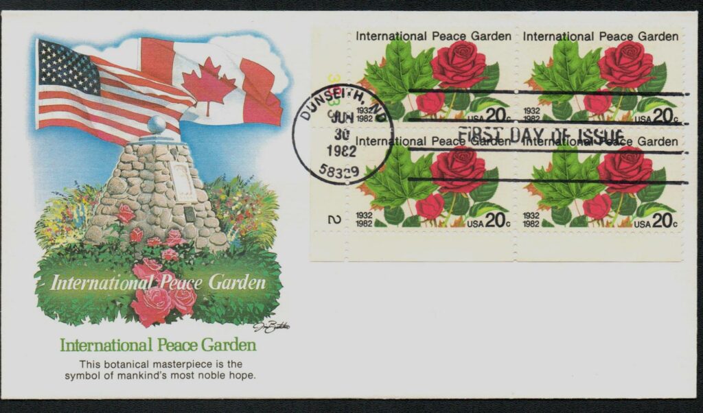 1982 20¢ International Peace Garden  Fleetwood Plate Block First Day Cover