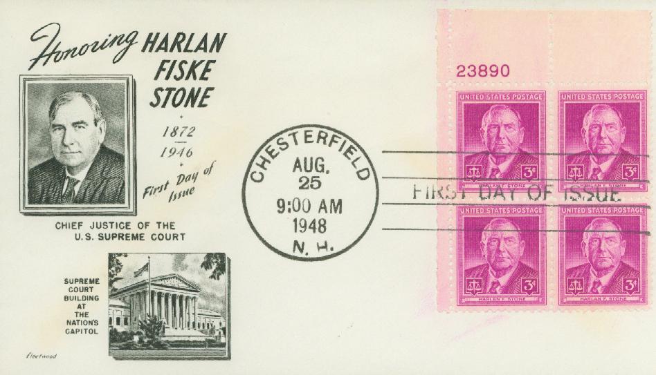 # 965 - 1948 3c Harlan F. Stone Fleetwood Plate Block First Day Cover