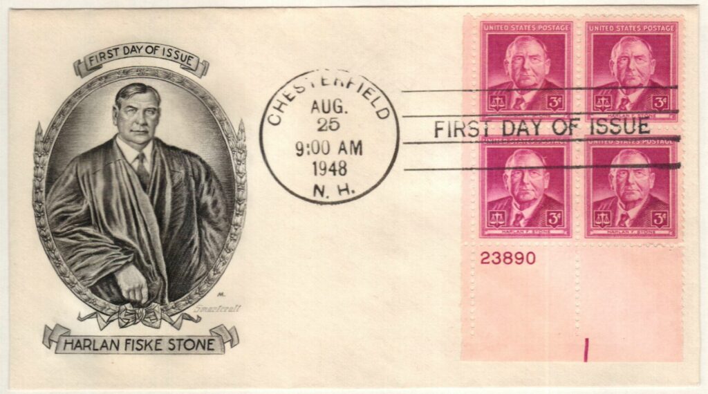 # 965 - 1948 3c Harlan F. Stone Plate Block First Day Cover