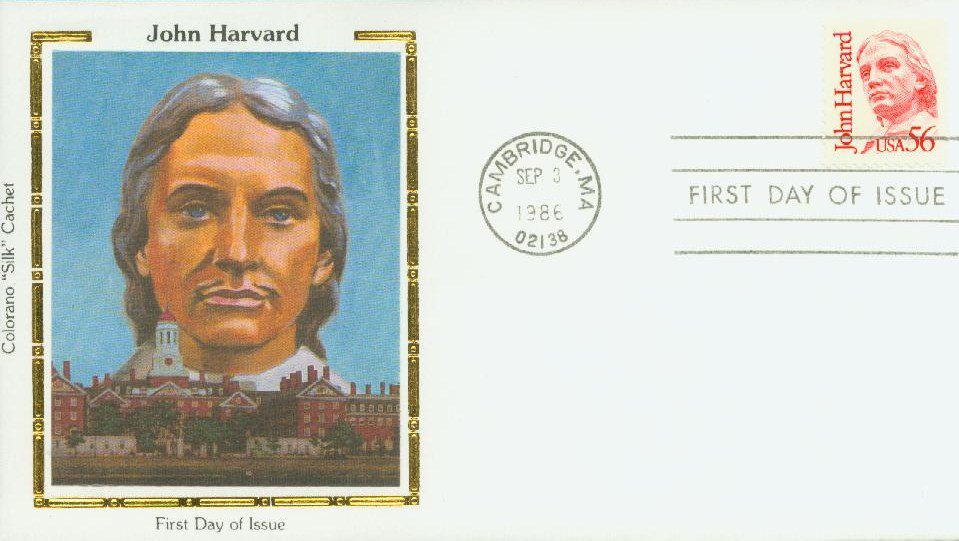 1986 56¢ John Harvard Colorano Silk Cachet First Day Cover