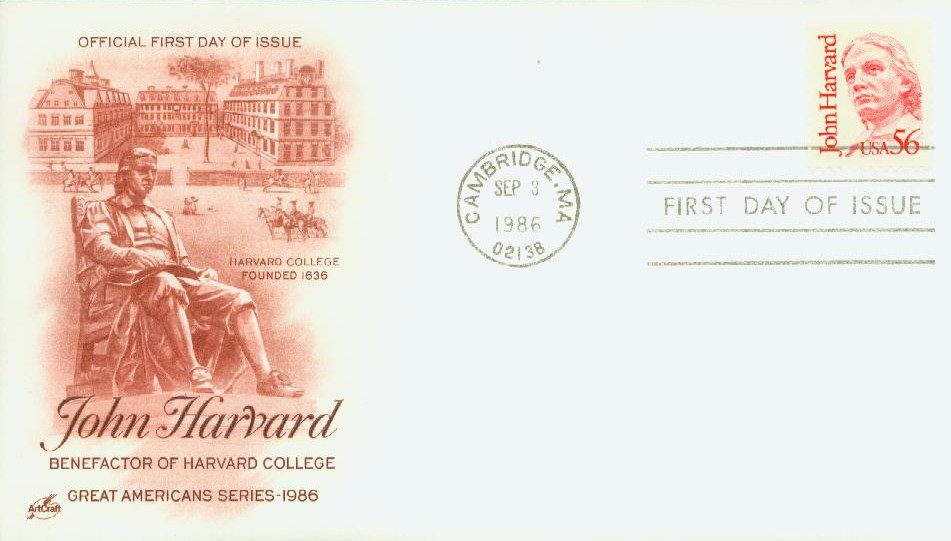 1986 56¢ Great Americans: John Harvard Classic First Day Cover