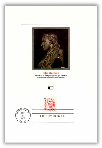 1986 56¢ John Harvard First Day Proof Card
