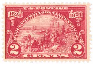 The Walloons settled along the Hudson River, and U.S. #615 shows the landing at Fort Orange (Albany). The stamp marks the 300th anniversary of Walloon immigration, but also salutes the Huguenots who followed the Walloons in settling New England.