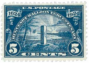The monument on this stamp is located in Mayport, Florida, and marks another area where the Huguenots settled. The monument on U.S. #616 is called the “Jean Ribaut Monument.” Ribaut had helped organize early Huguenot settlements, but the colony settled in 1564 near Mayport, Florida, was too close to Spanish shipping lanes. The settlers were wiped out by the Spanish in 1565.