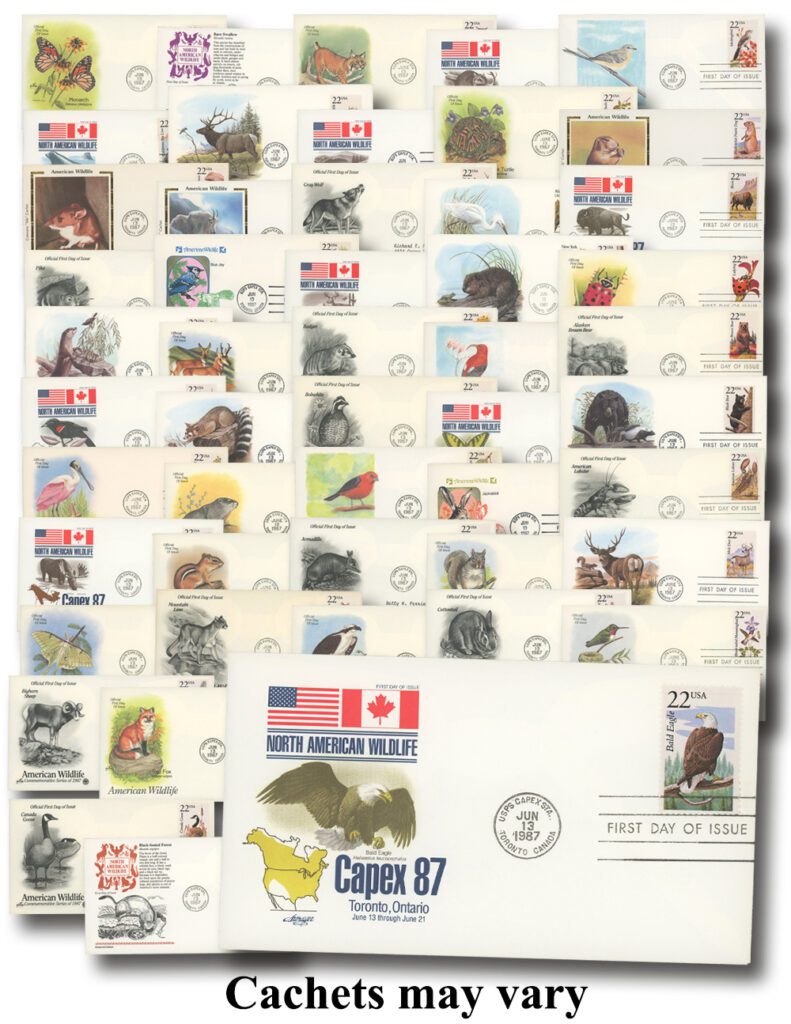1987 22¢ North American Wildlife Set of 50 Classic First Day Covers