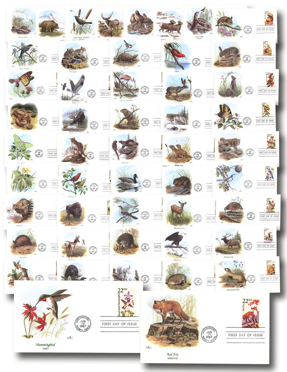 1987 22¢ North American Wildlife Set of 50 Fleetwood First Day Covers