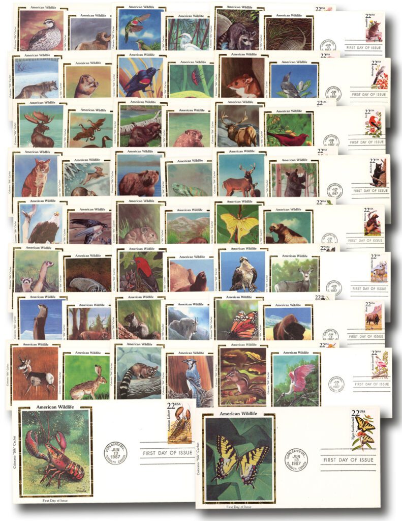1987 22¢ North American Wildlife Set of 50 Colorano Silk Cachet First Day Covers