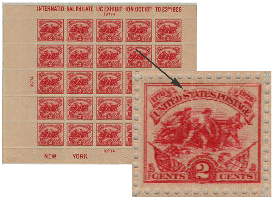 1926 2¢ Battle of White Plains Souvenir Sheet - International Philatelic Exhibition Issue Mint Plate or Cylinder Flaw