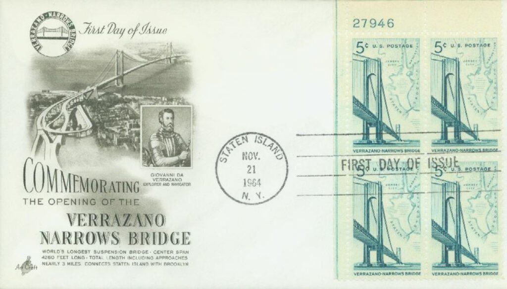 # 1258 - 1964 5c Verrazano-Narrows Bridge Plate Block First Day Cover