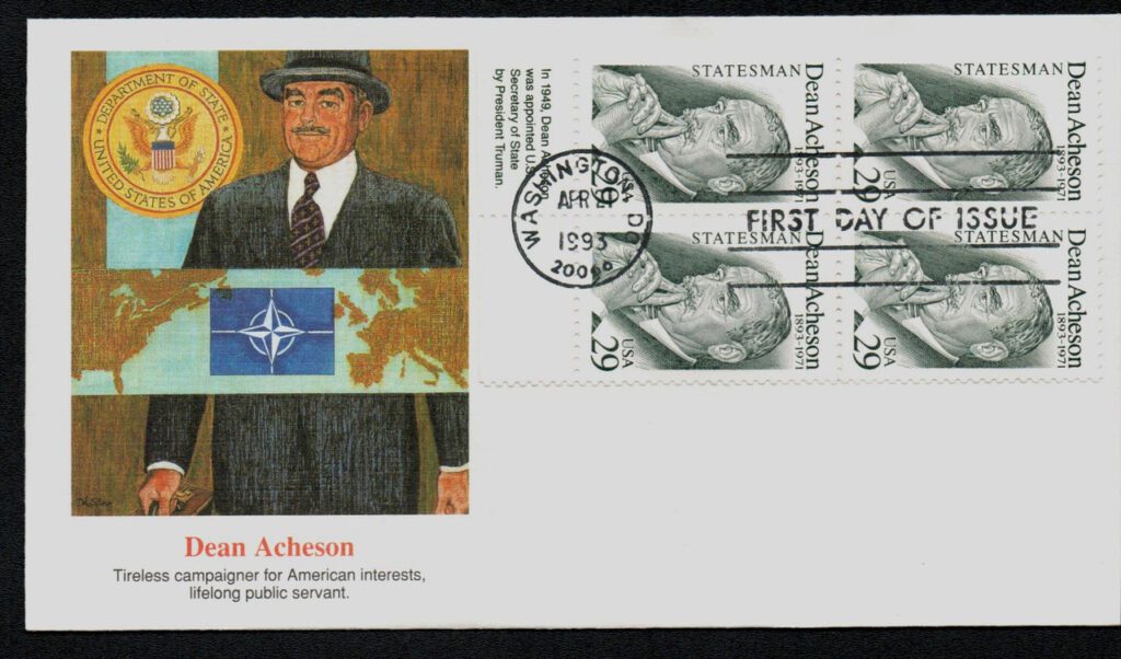 # 2755 - 1993 29c Dean Acheson Fleetwood Plate Block First Day Cover