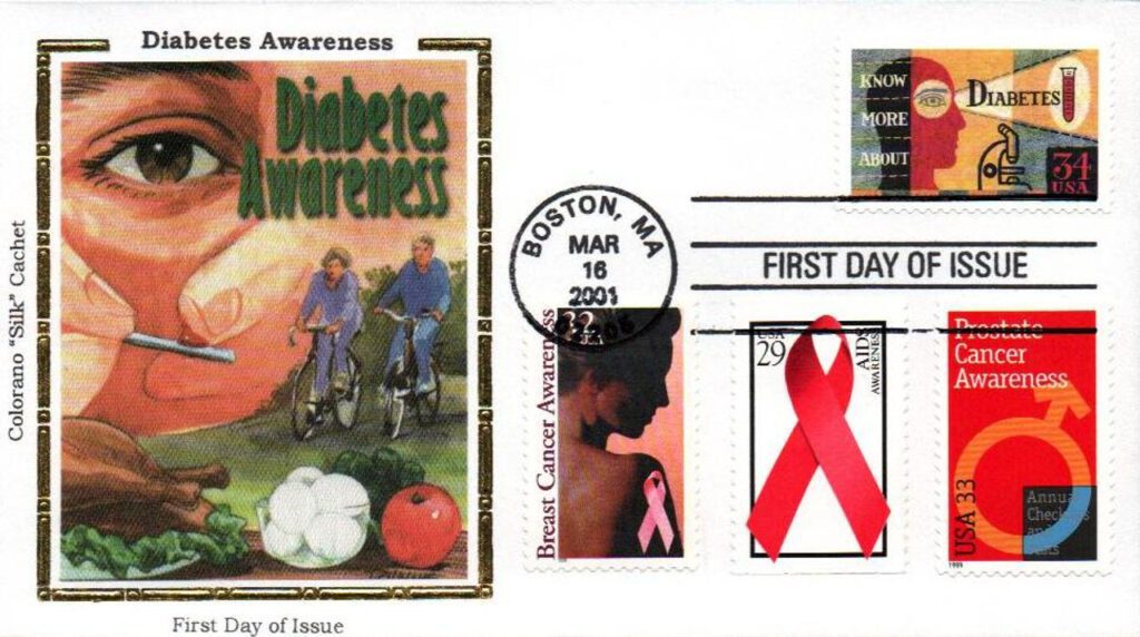 2001 34c Diabetes Awareness Colorano Silk Cachet Combination First Day Cover