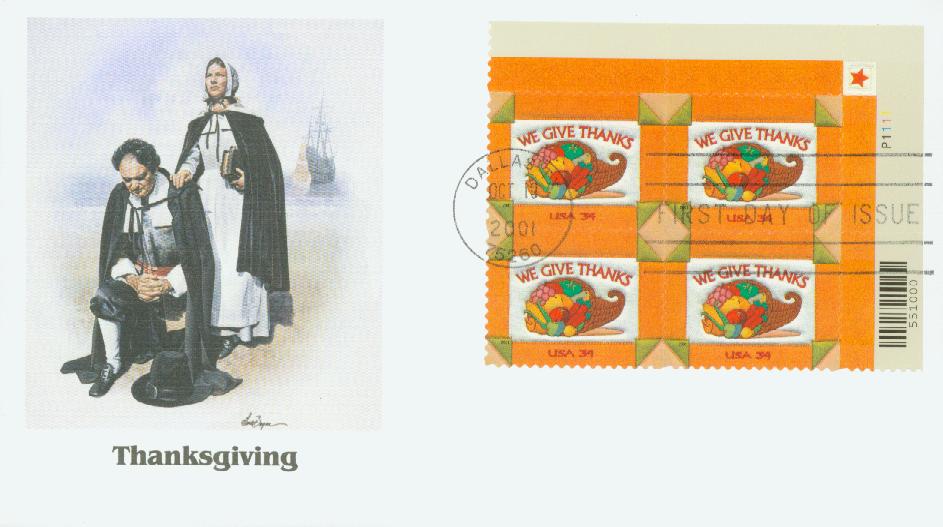 # 3546 - 2001 34c Thanksgiving Fleetwood Plate Block First Day Cover