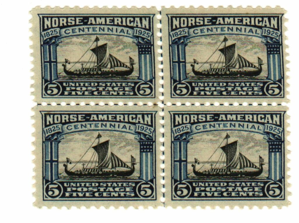 1925 5¢ Norse-American Centennial: Viking Ship Mint Center Line Block