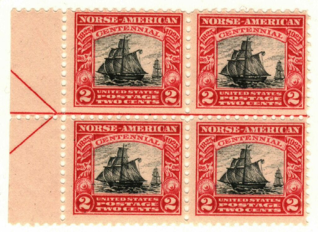 1925 2¢ Norse-American Centennial: Sloop Restaurationen Mint Left Arrow Block