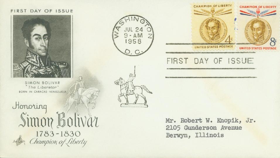 # 1110-11 - 1957 4c, 8c Bolivar  First Day Cover