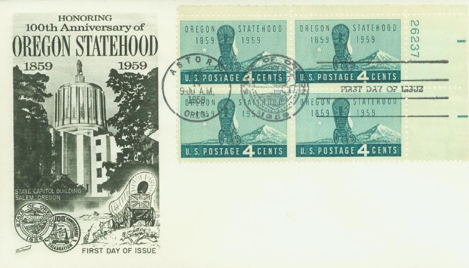 1959 4¢ Oregon Statehood Fleetwood Plate Block First Day Cover